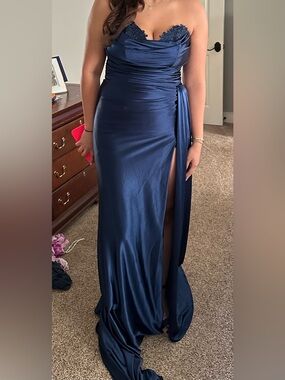 Sherri Hill Navy Strapless Satin Gown with Side Sash